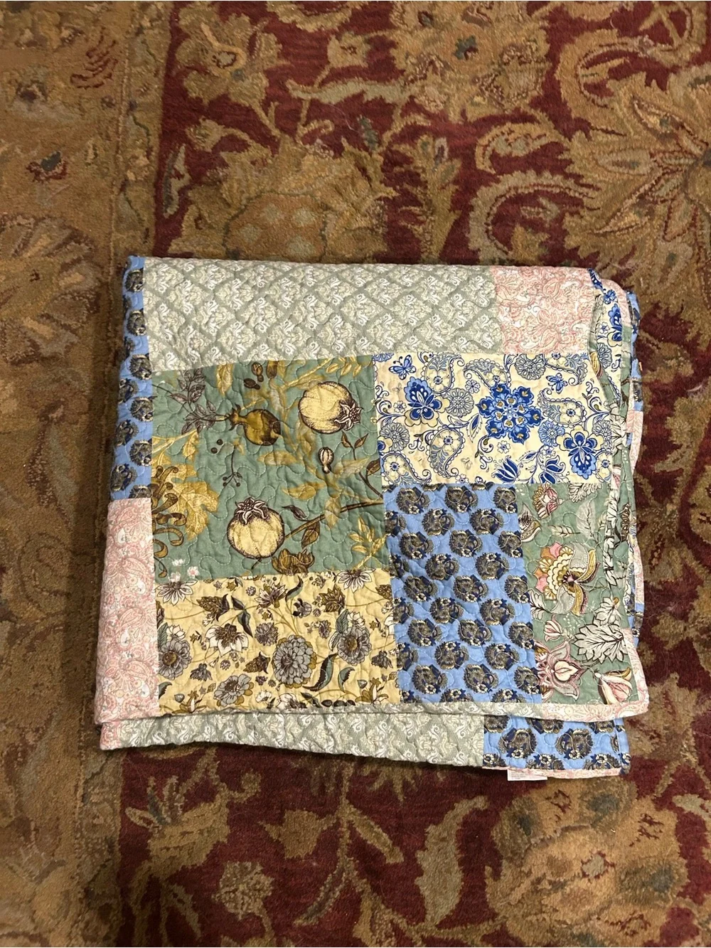 MarCielo Pink Blue Green Yellow White Patchwork 98x102 Inches Cottagecore Quilt